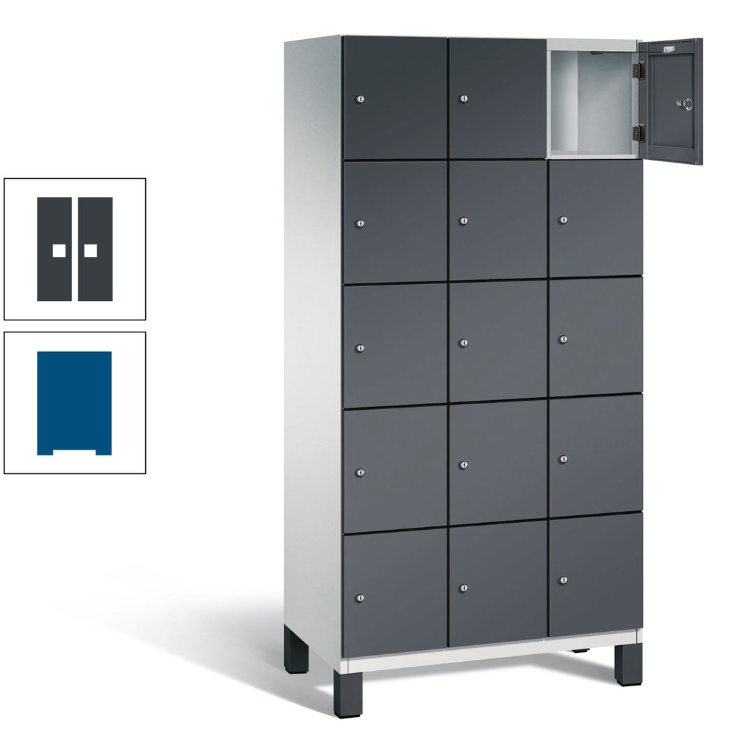 Fächerschrank, Stahlschrank, 15 Fächer, Türöffnungsbegrenzer, Füße, 1.980 x 900 x 525 mm (HxBxT), Korpus anthrazitgrau, Front anthrazitgrau