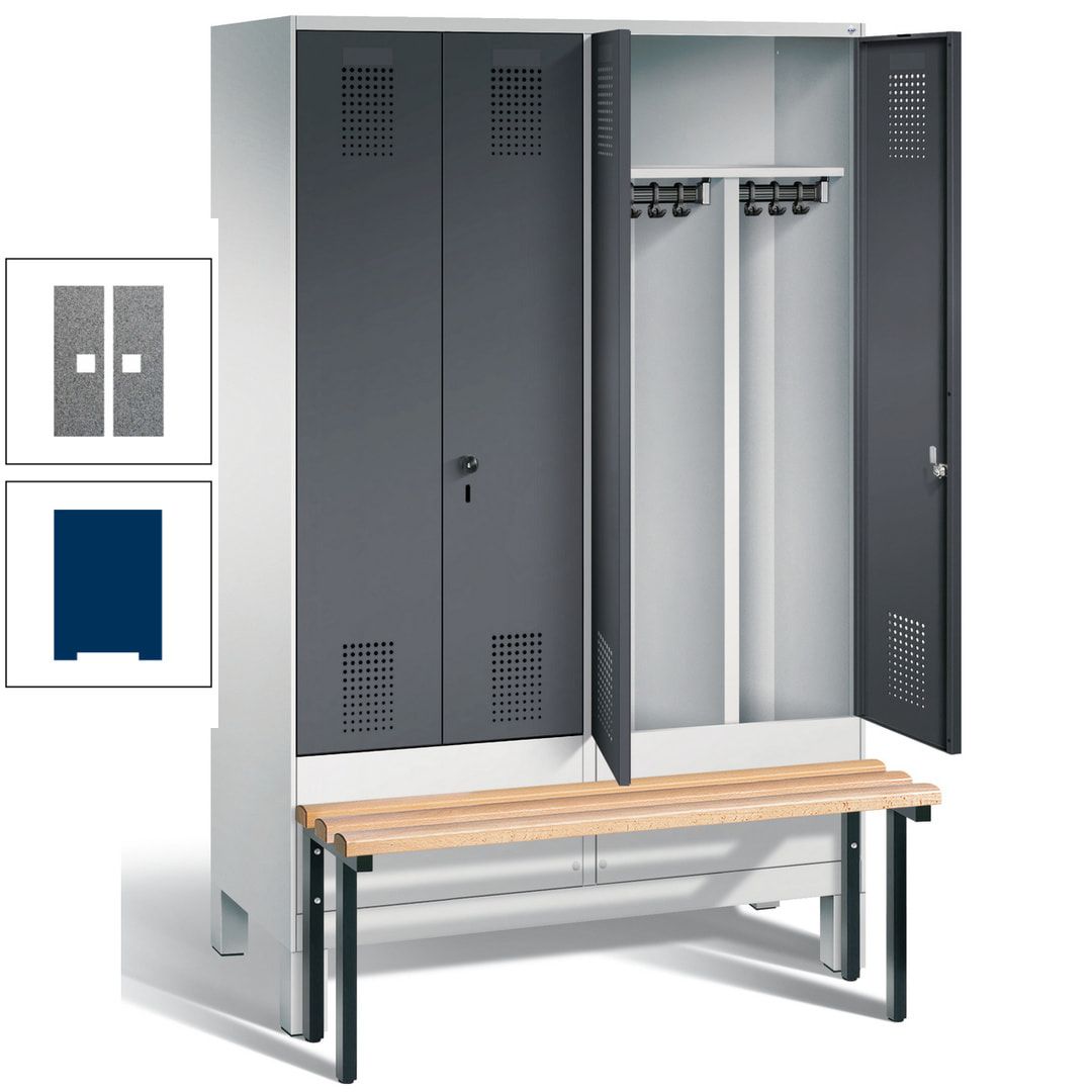 Doppel-Spind, Garderobenschrank, Buche Sitzbank vorgebaut, 4 Abteile a 300 mm, Korpus feuerrot, Tür Wasserblau, 1.850 x 1.200 x 815 mm (HxBxT)