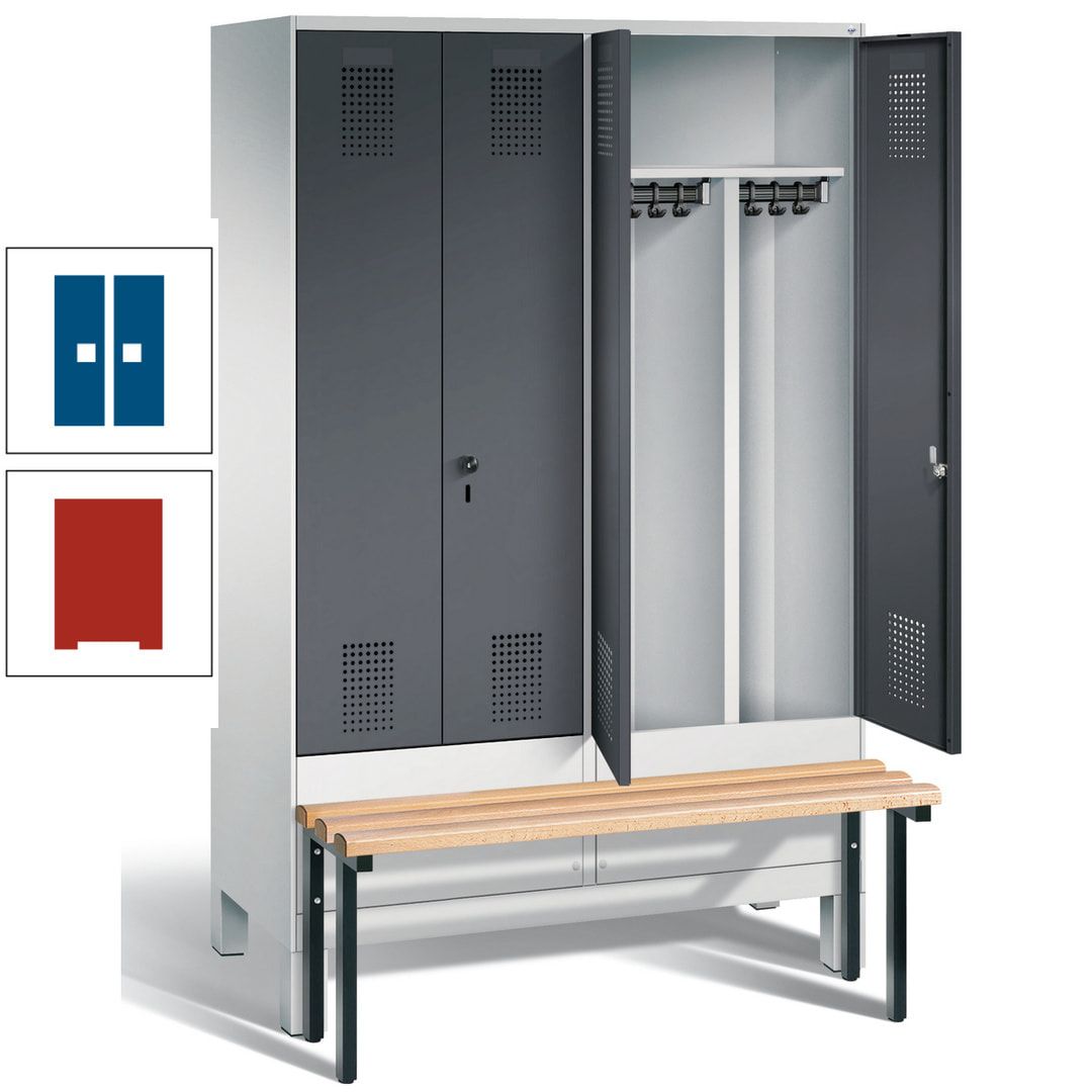Doppel-Spind, Garderobenschrank, Buche Sitzbank vorgebaut, 4 Abteile a 300 mm, Korpus feuerrot, Tür Wasserblau, 1.850 x 1.200 x 815 mm (HxBxT)