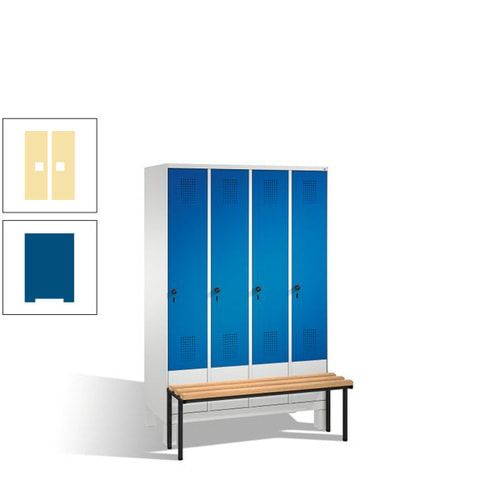 Stahl-Garderobenschrank, Spind, Buche Sitzbank vorgebaut, 4 Abteile a 300 mm, Korpus Lichtgrün, Tür Schwefelgelb, 1.850 x 1.200 x 815 mm (HxBxT)