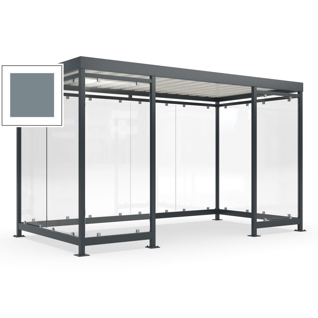 Fahrgastunterstand, Raucherunterstand, fertig montiert, Aufdübeln, 12-13 Personen, 2.510 x 4.195 x 2.165 mm (HxBxT), 10 Wände, Achatgrau