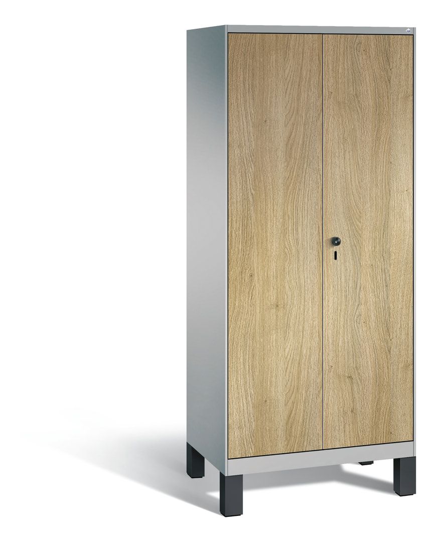 Doppel-Spind, Garderobenschrank mit Füßen, 2 Abteile a 400 mm, Korpus anthrazitgrau, Tür Dekorfront HPL Donau-Ahorn, 1.850 x 800 x 500 mm (HxBxT)