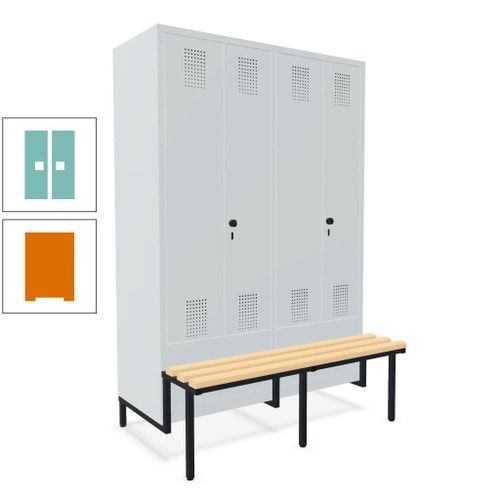 Doppel-Spind, Garderobenschrank, Buche Sitzbank integriert, 4 Abteile 300 mm, Korpus anthrazitgrau, Tür anthrazitgrau, 1.850 x 1.200 x 815 mm (HxBxT)