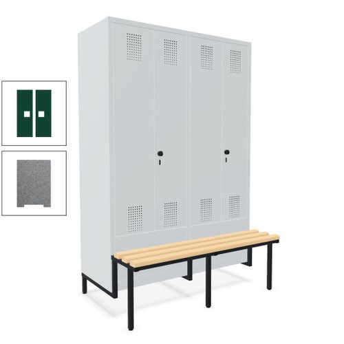 Doppel-Spind, Garderobenschrank, Buche Sitzbank integriert, 4 Abteile 300 mm, Korpus anthrazitgrau, Tür anthrazitgrau, 1.850 x 1.200 x 815 mm (HxBxT)