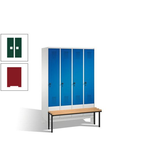 Stahl-Garderobenschrank, Spind, Buche Sitzbank vorgebaut, 4 Abteile a 300 mm, Korpus Lichtgrün, Tür Schwefelgelb, 1.850 x 1.200 x 815 mm (HxBxT)