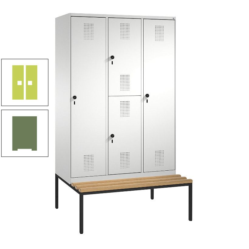 Garderobenschrank, Spind ein- und doppelstöckig Sitzbank, 3 Abteile, 4 Fächer, 2.090x1.200x500 mm (HxBxT), Front anthrazitgrau, Korpus anthrazitgrau