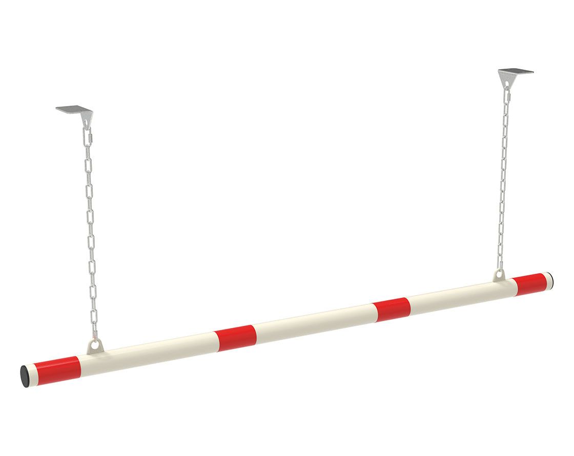 Höhenbegrenzer, zum Aufhängen, Kette, weiß lackiert, Reflektorstreifen, Stahlrohr, feuerverzinkt, Breite 1.500 mm