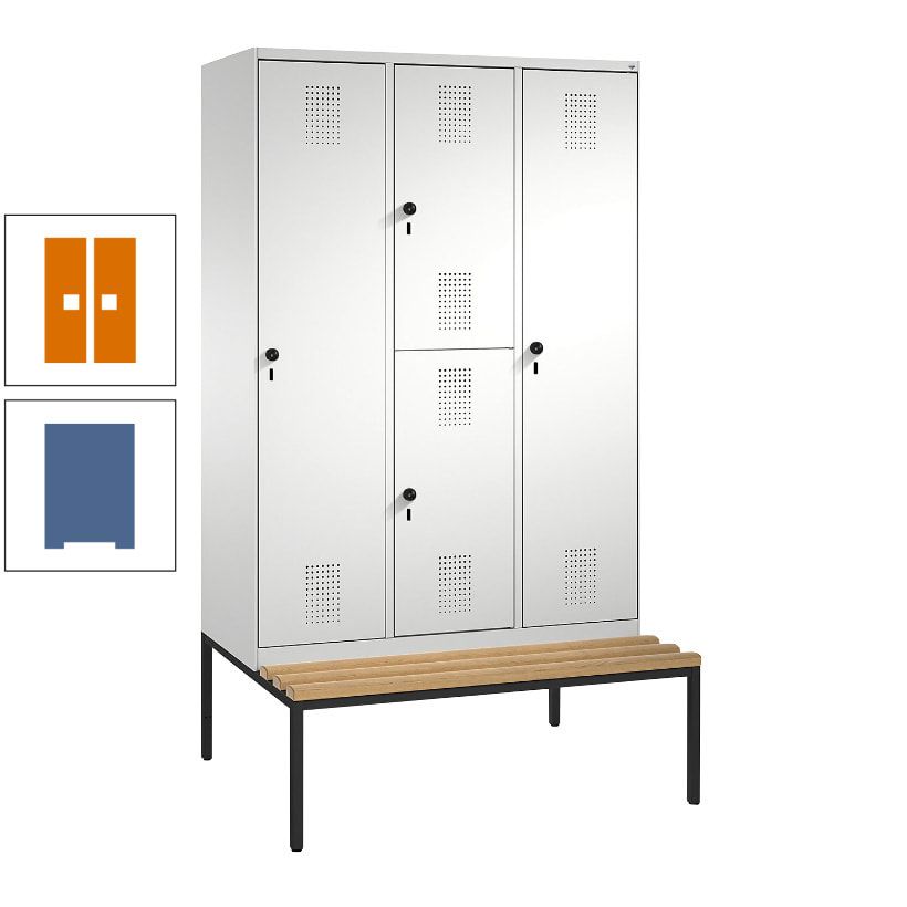 Garderobenschrank, Spind ein- und doppelstöckig Sitzbank, 3 Abteile, 4 Fächer, 2.090x1.200x500 mm (HxBxT), Front anthrazitgrau, Korpus anthrazitgrau