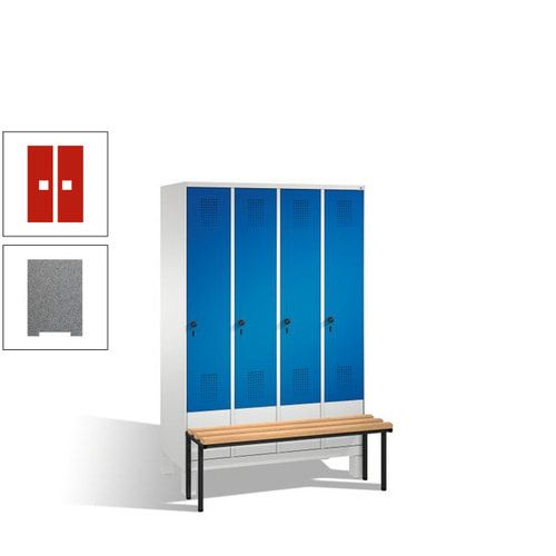 Stahl-Garderobenschrank, Spind, Buche Sitzbank vorgebaut, 4 Abteile a 300 mm, Korpus Lichtgrün, Tür Schwefelgelb, 1.850 x 1.200 x 815 mm (HxBxT)