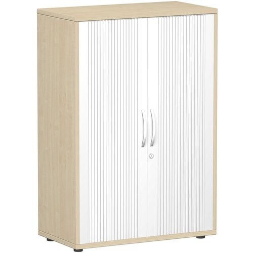 Querrollladenschrank, freistehend, 3 Ordnerhöhen, Schloss, Fachboden 32 mm Raster, 798 x 1.200 x 425 mm(HxBxT), Rollladen silber, Korpusfarbe Nussbaum
