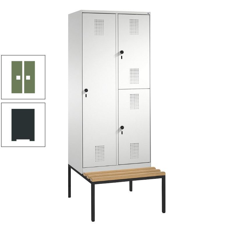 Garderobenschrank, Spind ein- und doppelstöckig Sitzbank, 2 Abteile, 3 Fächer, 2.090 x 800 x 500 mm (HxBxT), Front anthrazitgrau, Korpus anthrazitgrau