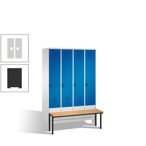 Stahl-Garderobenschrank, Spind, Buche Sitzbank vorgebaut, 4 Abteile a 300 mm, Korpus Lichtgrün, Tür Schwefelgelb, 1.850 x 1.200 x 815 mm (HxBxT)