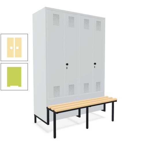 Doppel-Spind, Garderobenschrank, Buche Sitzbank integriert, 4 Abteile 300 mm, Korpus anthrazitgrau, Tür anthrazitgrau, 1.850 x 1.200 x 815 mm (HxBxT)