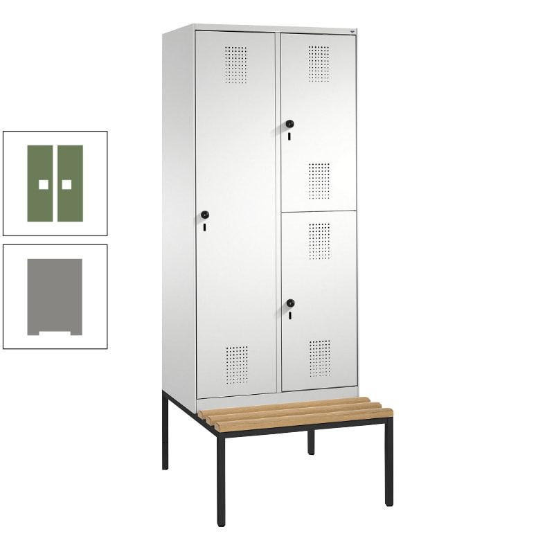 Garderobenschrank, Spind ein- und doppelstöckig Sitzbank, 2 Abteile, 3 Fächer, 2.090 x 800 x 500 mm (HxBxT), Front anthrazitgrau, Korpus anthrazitgrau