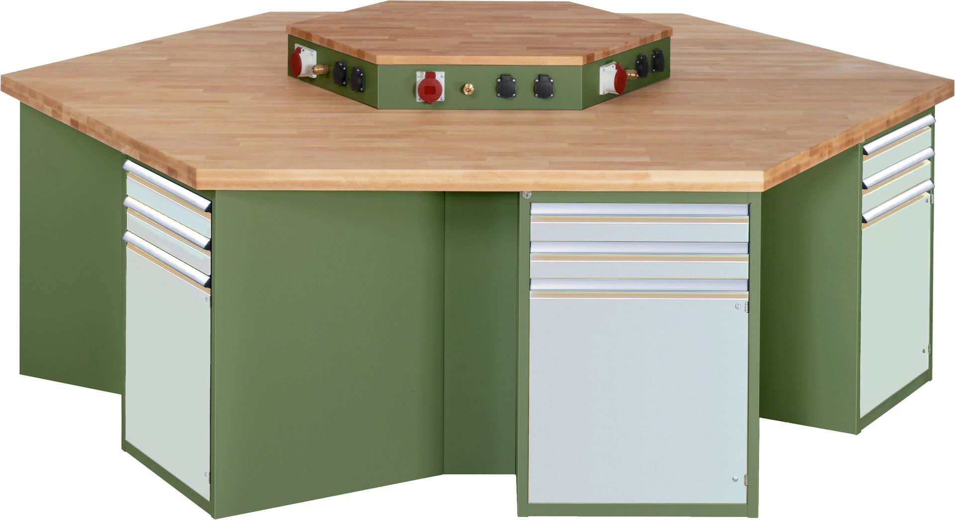Gruppenwerkbank, Buche, Höhe 840 mm, mit Energieaufsatz, Unterbau-Container, 2 Schubladen, 1 Tür, 1 Boden - Anthrazitgrau