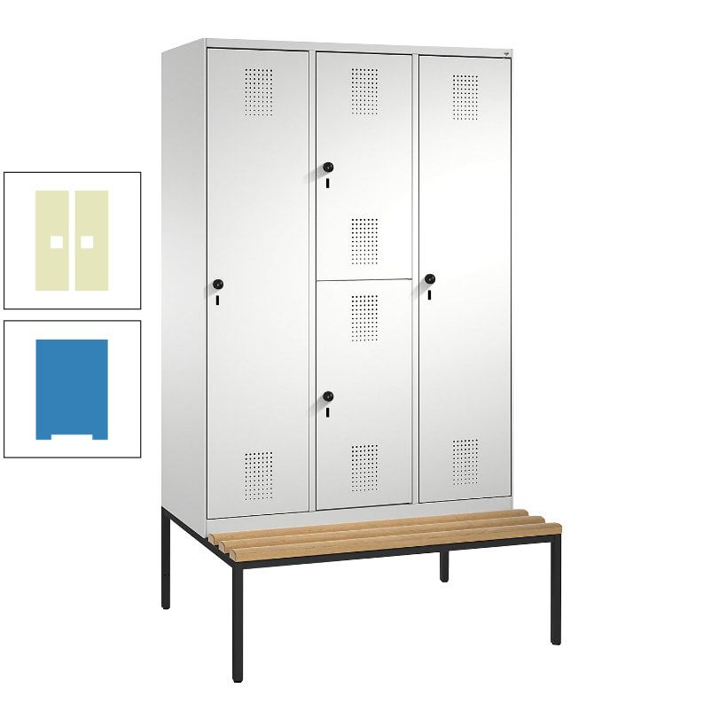 Garderobenschrank, Spind ein- und doppelstöckig Sitzbank, 3 Abteile, 4 Fächer, 2.090x1.200x500 mm (HxBxT), Front anthrazitgrau, Korpus anthrazitgrau