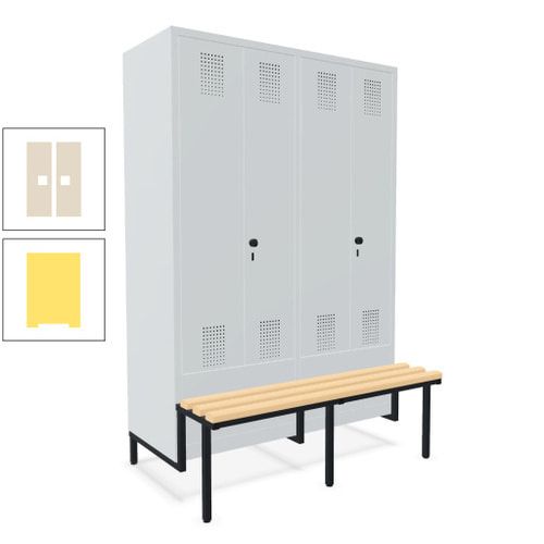 Doppel-Spind, Garderobenschrank, Buche Sitzbank integriert, 4 Abteile 300 mm, Korpus anthrazitgrau, Tür anthrazitgrau, 1.850 x 1.200 x 815 mm (HxBxT)