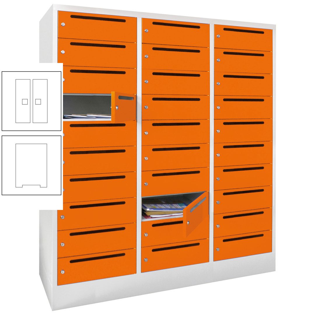 Postverteilerschrank, Schließfachschrank, 3 Abteile a 40 cm, 30 Fächer, 1.850 x 1.200 x 500 mm (HxBxT), Korpus anthrazitgrau, Front anthrazitgrau