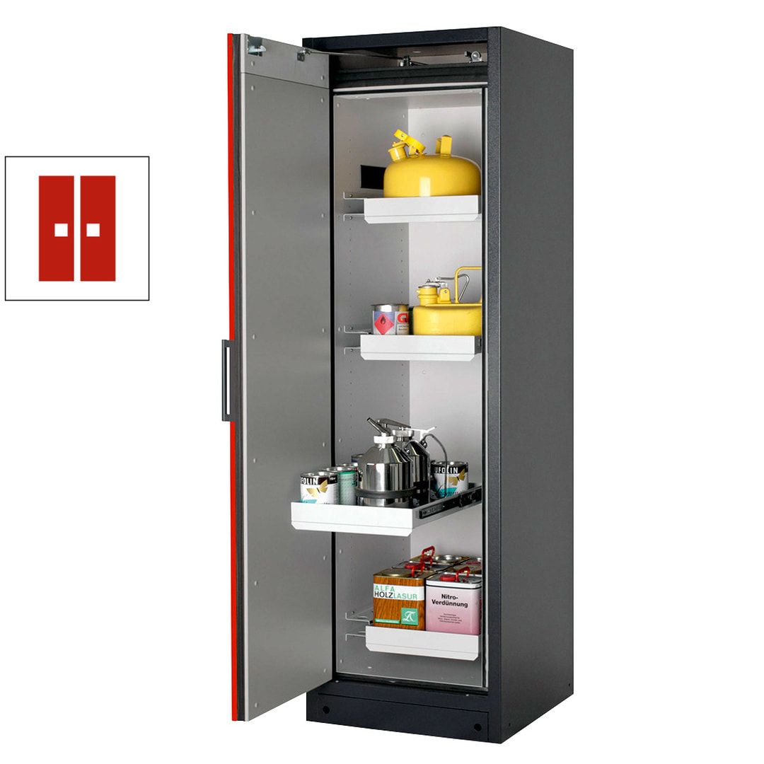 Gefahrstoffschrank - 2 x 0,6 x 0,6 m - 2 Auszugswannen - Edelstahl-Einrichtung - Türanschlag links - Front enzianblau