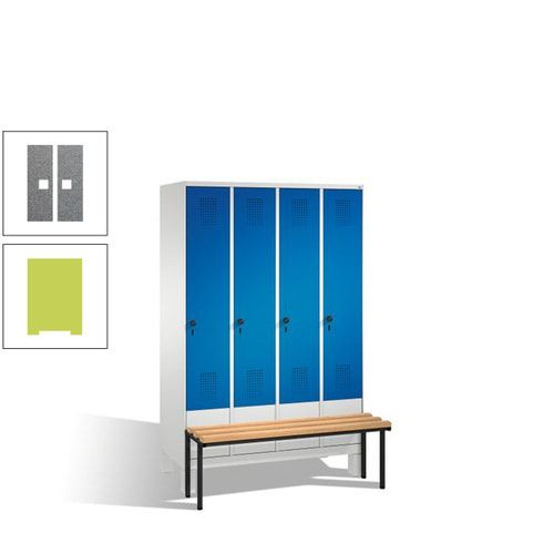 Stahl-Garderobenschrank, Spind, Buche Sitzbank vorgebaut, 4 Abteile a 300 mm, Korpus Lichtgrün, Tür Schwefelgelb, 1.850 x 1.200 x 815 mm (HxBxT)