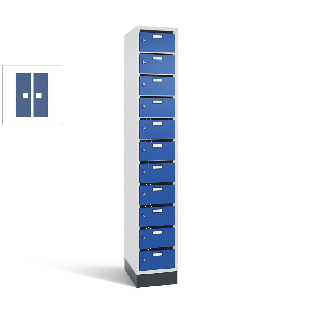 Postverteilerschrank, Schließfachschrank, mit Sockel, 11 Fächer, 1.950 x 320 x 500 mm (HxBxT), Korpus lichtgrau, Tür anthrazitgrau