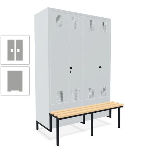 Doppel-Spind, Garderobenschrank, Buche Sitzbank integriert, 4 Abteile 300 mm, Korpus anthrazitgrau, Tür anthrazitgrau, 1.850 x 1.200 x 815 mm (HxBxT)