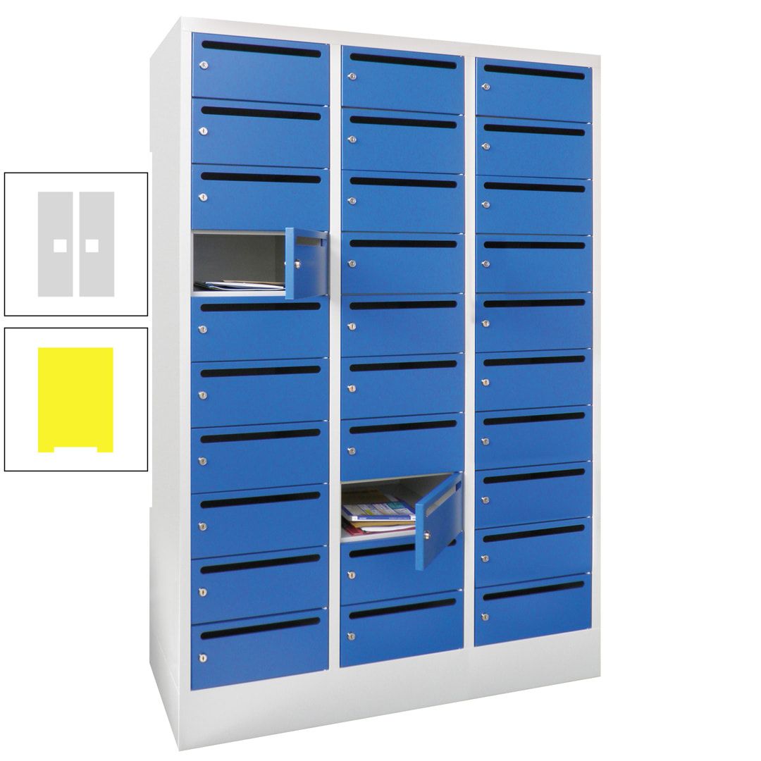 Postverteilerschrank, Schließfachschrank, 3 Abteile a 300 mm, 30 Fächer, 1.850 x 900 x 500 mm (HxBxT), Korpus anthrazitgrau, Front anthrazitgrau