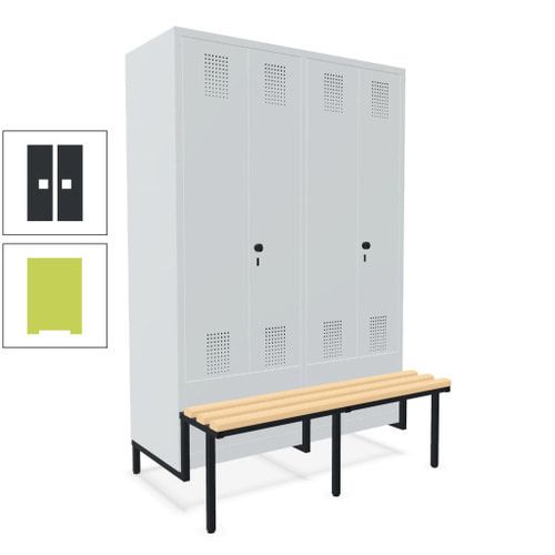 Doppel-Spind, Garderobenschrank, Buche Sitzbank integriert, 4 Abteile 300 mm, Korpus anthrazitgrau, Tür anthrazitgrau, 1.850 x 1.200 x 815 mm (HxBxT)
