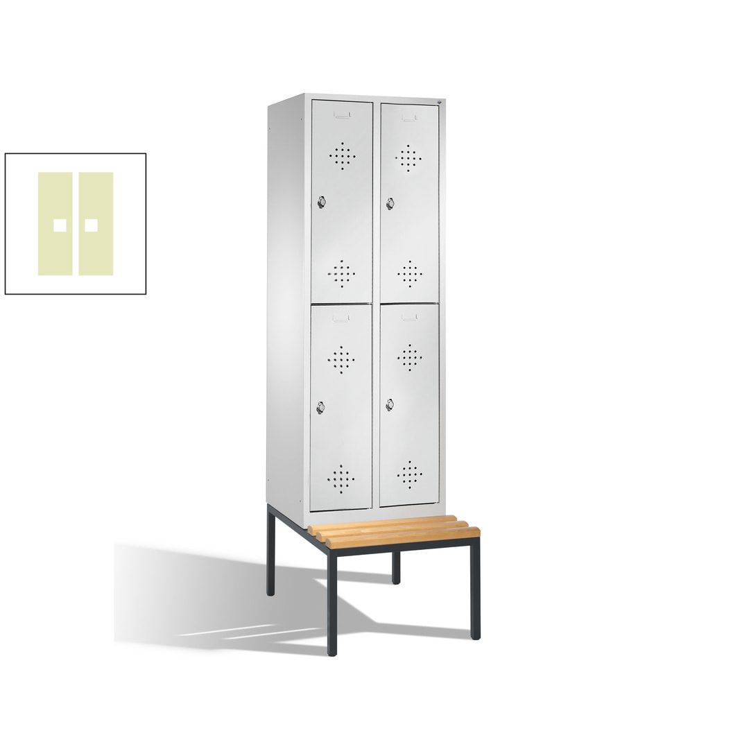 Garderobenschrank, Spind, 2 Abteile, 4 Fächer, 2.090 x 610 x 815 mm (HxBxT), Hartholz Sitzbank untergebaut, Korpus weißaluminium, Türen anthrazitgrau