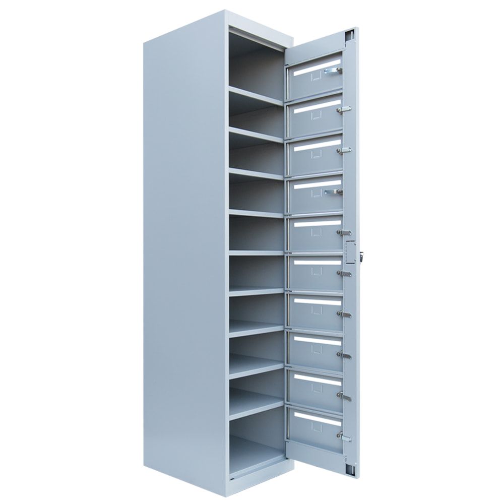 Postverteilerschrank, Ausgabeschrank, Fächerschrank, Zentraltür, 1 Abteil, 10 Fächer, 1.800 x 400 x 500 mm (HxBxT), Korpus lichtgrau, Front enzianblau