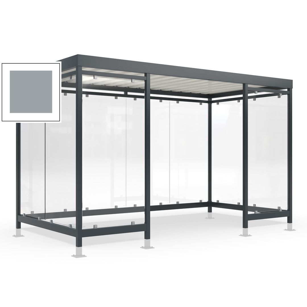 Raucherunterstand für 12-13 Personen, Bushaltestelle, mit Überpflasterung, 2.440 x 4.195 x 2.165 mm (HxBxT), 10 Wände, Achatgrau