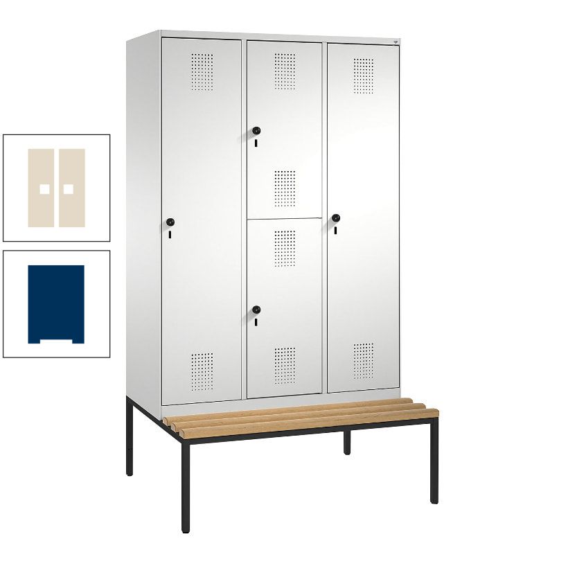 Garderobenschrank, Spind ein- und doppelstöckig Sitzbank, 3 Abteile, 4 Fächer, 2.090x1.200x500 mm (HxBxT), Front anthrazitgrau, Korpus anthrazitgrau
