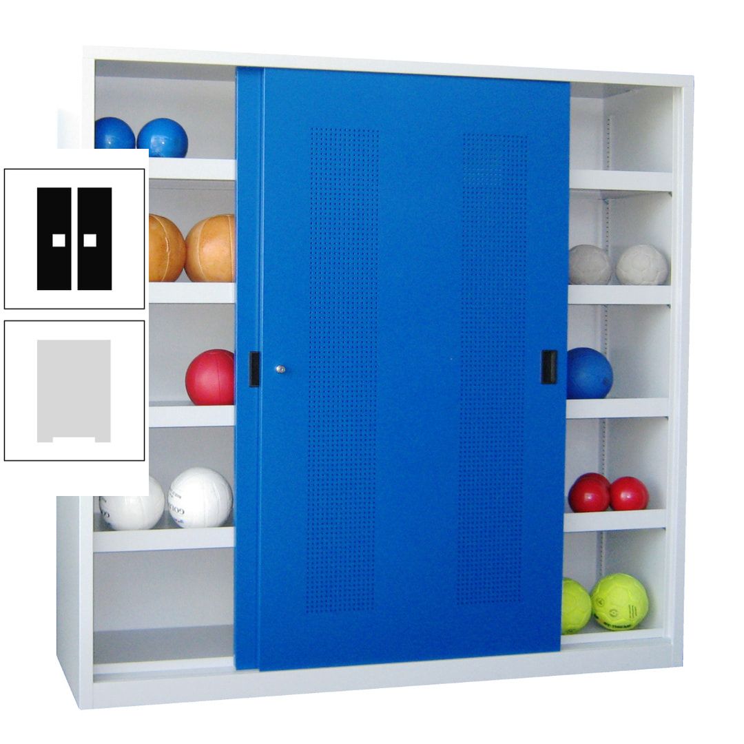 Ballschrank - Schiebetüren mit Lochfeld - Trennwand - 8 Böden - 1.950x2.000x600 mm (HxBxT) - anthrazitgrau