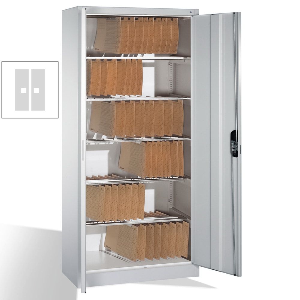 Büroschrank, Aktenschrank mit 6 Pendelstangen, für Elba/Leitz Pendelmappen, Korpusfarbe lichtgrau, Türfarbe enzianblau, 1.950 x 930 x 400 mm (HxBxT)