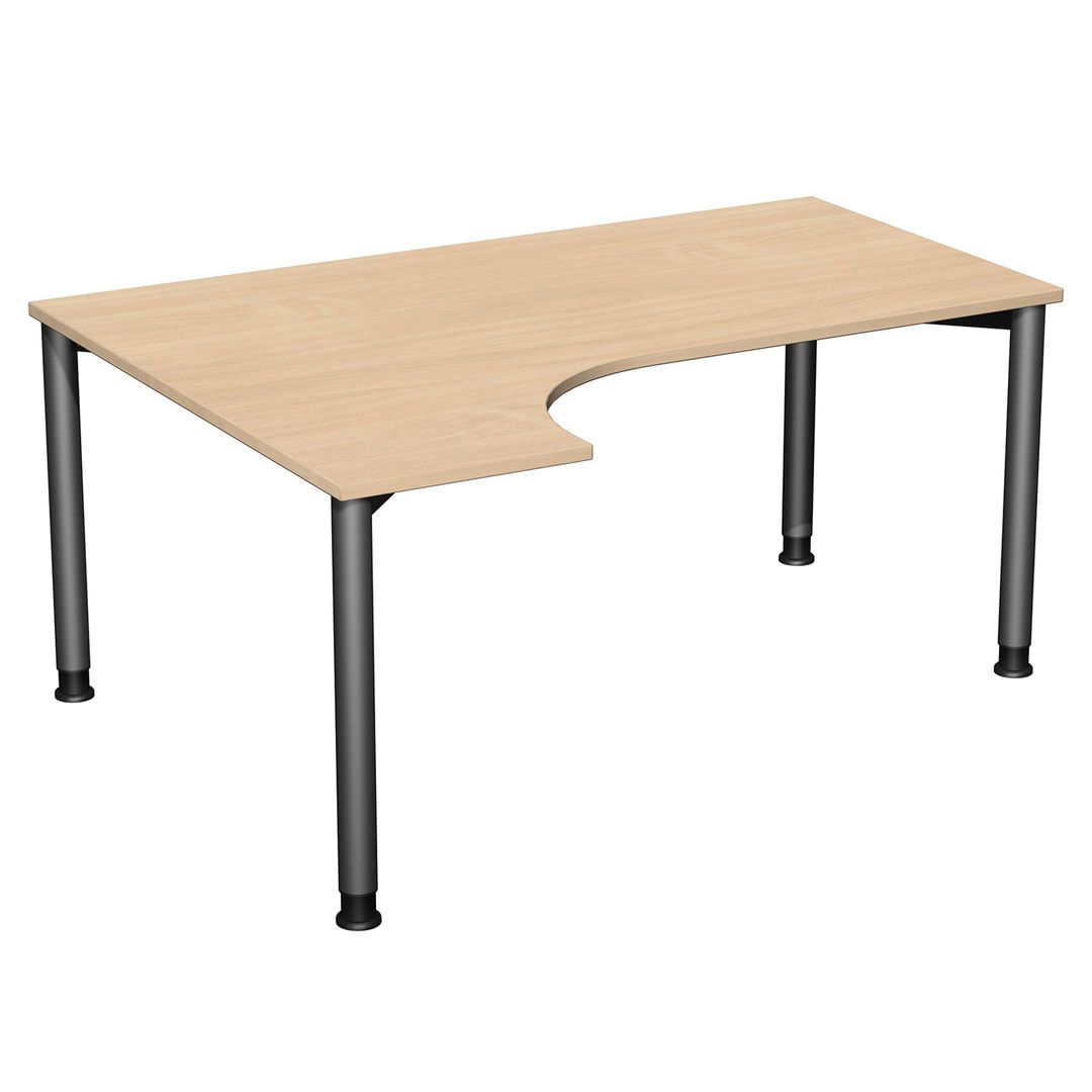 Eckschreibtisch mit einseitig verkürzten Füßen, 4-Fuß Flex, Ecke links, Höhe 680-800 mm, 1.600 x 1.200 mm (BxT), Gestell anthrazit, Ahorn