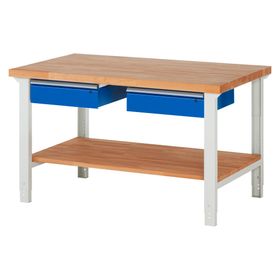Werkbank mit Ablage - 2 Schubladen - 150:2 - höhenverstellbar 790 - 1.140 mm - 1.500 x 900 mm (BxT) - 750 kg - Buche - Farbe wählbar