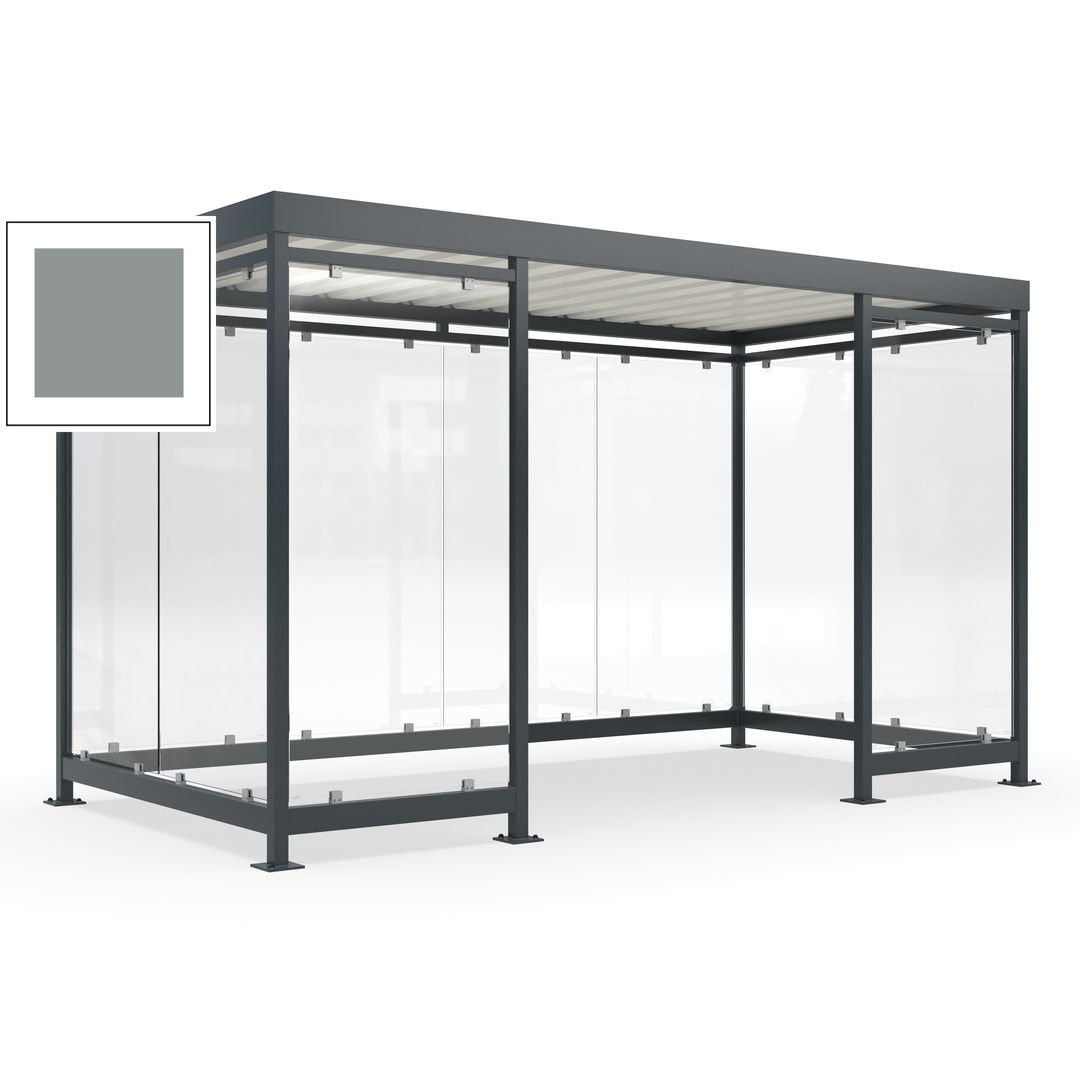 Fahrgastunterstand, Raucherunterstand, fertig montiert, Aufdübeln, 12-13 Personen, 2.510 x 4.195 x 2.165 mm (HxBxT), 10 Wände, Achatgrau