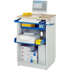 Computer-Arbeitsplatz, Buche-Dekor, Steckdosen, geteiltes Basisfach, Rollladen,Tastaturschublade, stationär - Farbe wählbar