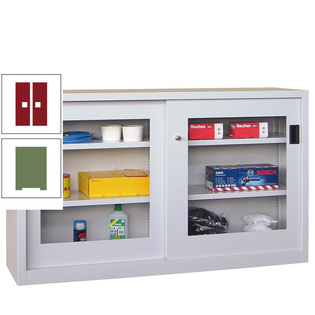 Schiebetürenschrank - Sichtfenstertüren - 1.000x1.500x600 mm (HxBxT) - 4 Böden, verzinkt - Zylinderschloss - anthrazitgrau