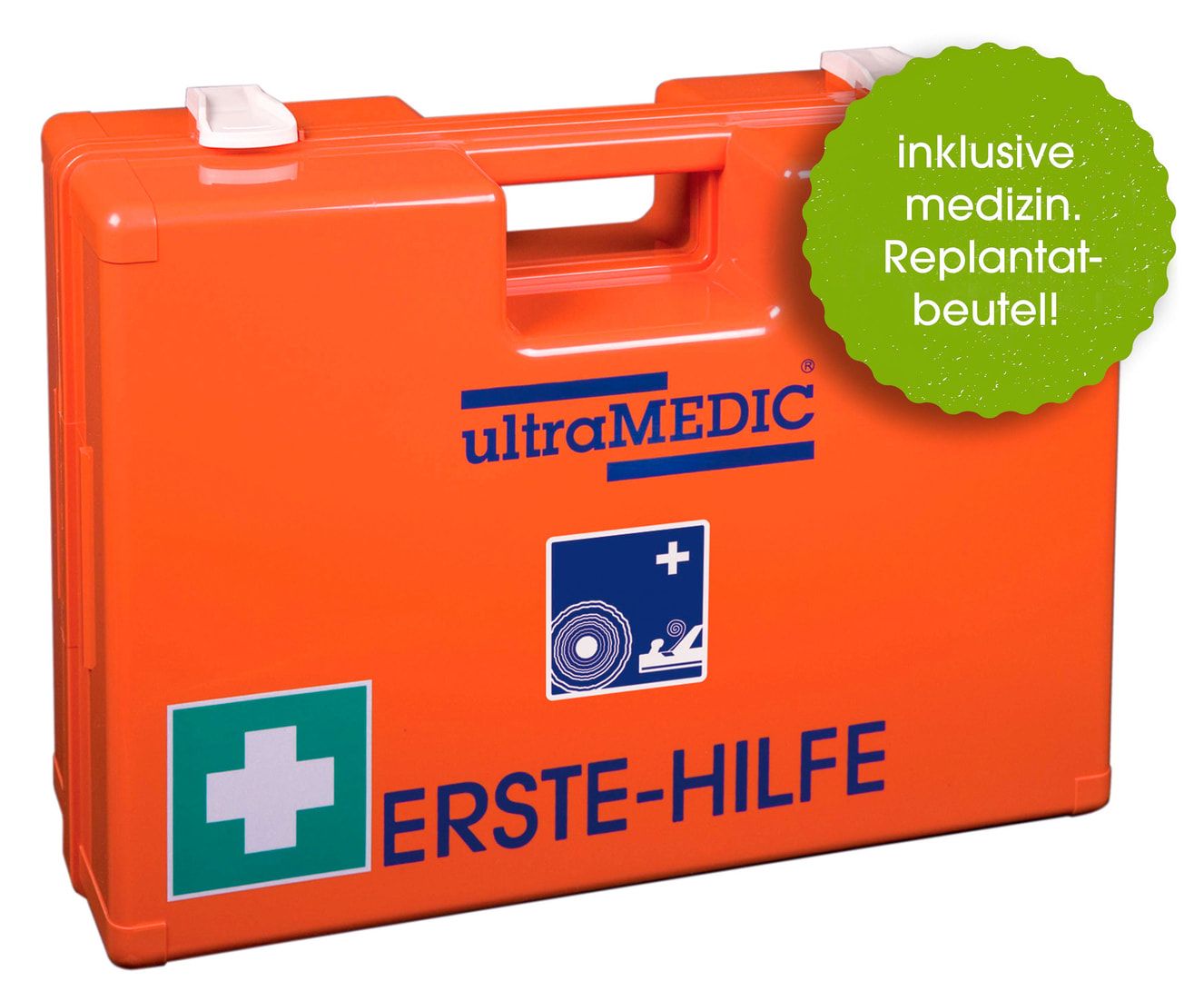 ultraMEDIC Erste-Hilfe-Koffer, Verbandkasten, Baustelle, mit Füllsortiment, nach DIN 13157, Augenspülung, 300 x 430 x 145 mm (HxBxT), ABS, orange