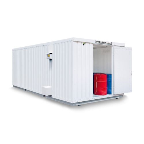 Isolierter Gefahrstoffcontainer - 2.510 x 4.050 x 6.520 mm (HxBxT) - Auffangvolumen 3 x 1.050 l - Sensorlüfter - Doppelflügeltür kurze Seite