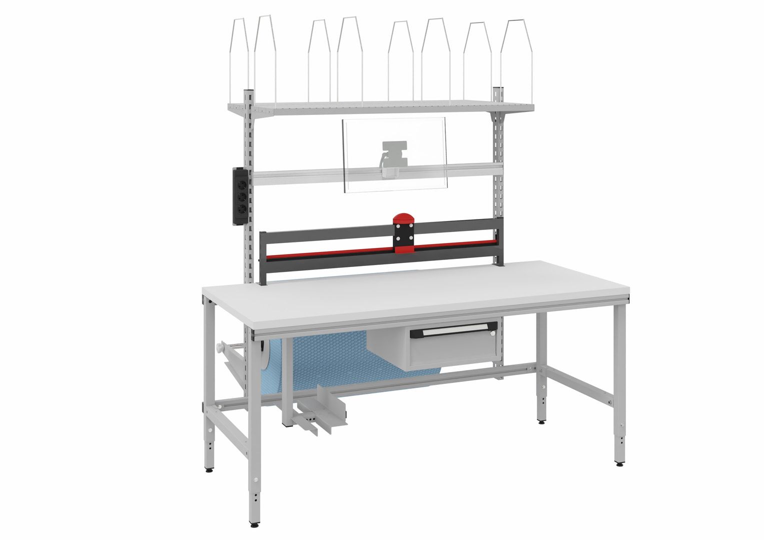 OTTOKIND Packtisch, manuell höhenverstellbar 718 - 1.018 mm, 1.685 x 800 mm (BxT), Rollenhalter, Schneidevorrichtung, Ablageböden, Schublade, Schuko