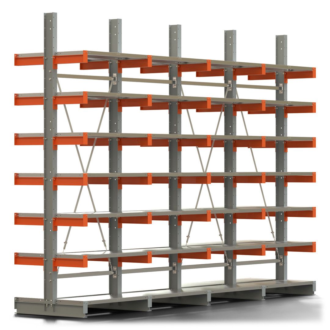 Doppelseitiges Kragarmregal mit Fachböden, 2 Felder, 3.000 x 2.000 (HxB), Nutztiefe 1.000 mm, Kragarmlast 450 kg, KARL basic, silbergrau/reinorange