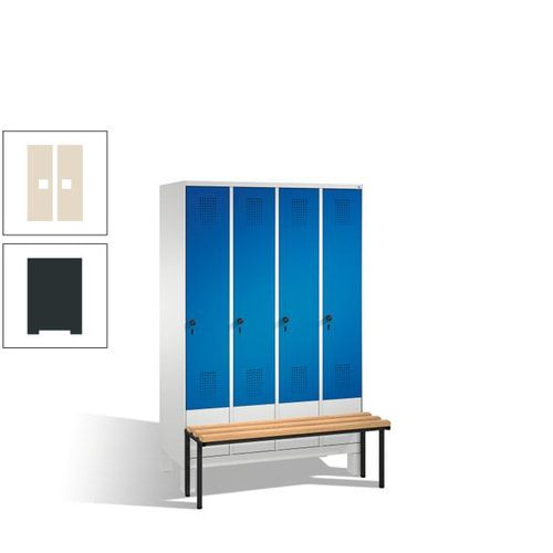 Stahl-Garderobenschrank, Spind, Buche Sitzbank vorgebaut, 4 Abteile a 300 mm, Korpus Lichtgrün, Tür Schwefelgelb, 1.850 x 1.200 x 815 mm (HxBxT)