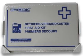ultraMEDIC Betriebsverbandkasten, Erste-Hilfe-Koffer, mit Füllsortiment, DIN 13157, 118 x 270 x 90 mm (HxBxT), Wandhalterung, Kunststoff, grau