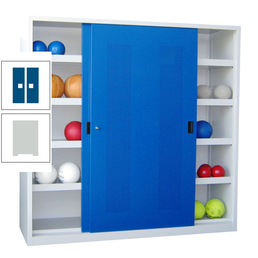 Ballschrank - Schiebetüren mit Lochfeld - Trennwand - 8 Böden - 1.950x2.000x600 mm (HxBxT) - anthrazitgrau