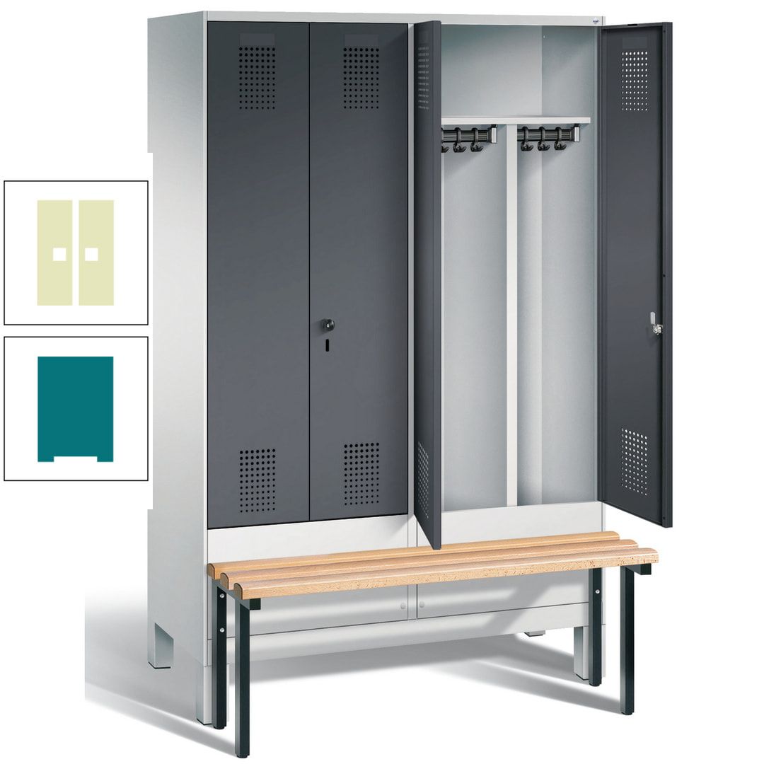 Doppel-Spind, Garderobenschrank, Buche Sitzbank vorgebaut, 4 Abteile a 300 mm, Korpus feuerrot, Tür Wasserblau, 1.850 x 1.200 x 815 mm (HxBxT)
