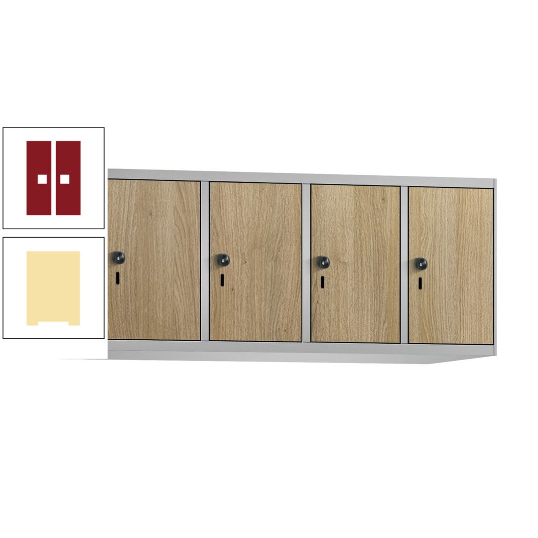 Aufsatzschrank, Schrankaufsatz, 4 Fächer a 300 mm, Farbe Pastellgelb, Tür anthrazitgrau, 500 x 1.200 x 500 mm (HxBxT)