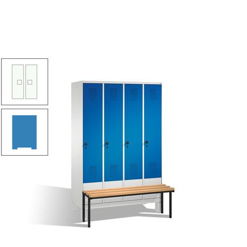 Stahl-Garderobenschrank, Spind, Buche Sitzbank vorgebaut, 4 Abteile a 300 mm, Korpus Lichtgrün, Tür Schwefelgelb, 1.850 x 1.200 x 815 mm (HxBxT)