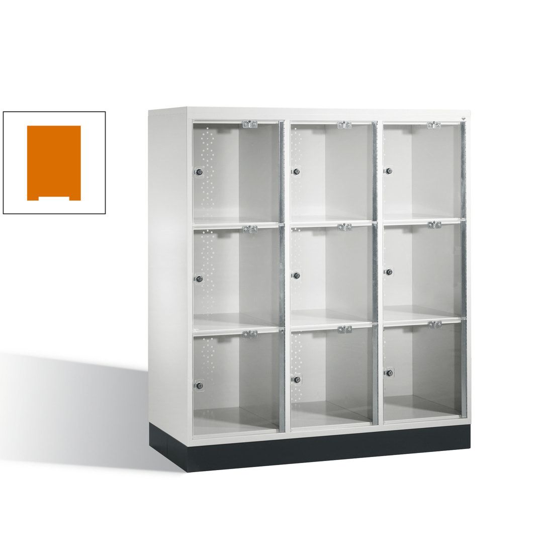 Schließfachschrank, Fächerschrank mit Türen aus Acrylglas, 3 Abteile, 9 Fächer, Zylinderschloss, 1.370 x 1.220 x 500 mm (HxBxT), Korpus anthrazitgrau